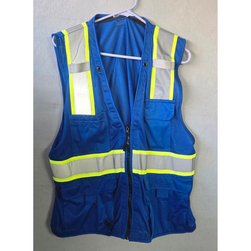 Uline Blue Hi Vis Safety Vest Reflective Zip Front Multi Pocket Work Vest Size L